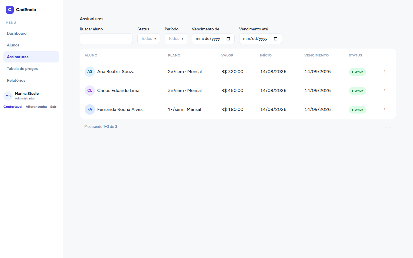 Lista de assinaturas do Cadência com filtro por status, período e vencimento